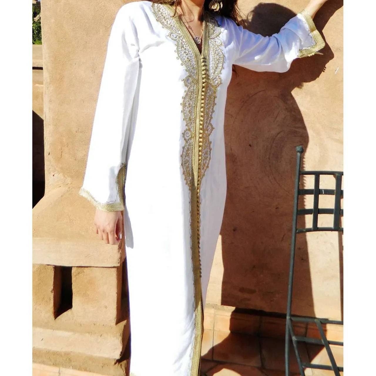 White with Gold Moroccan Kaftan-Lella Style