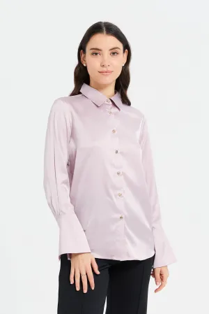 Women Lilac Wide Cuff Detailed Satin Shirt