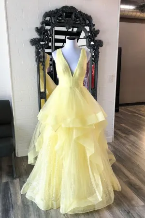 Yellow V-Neck Tulle Long Prom Dresses A-Line Evening Dresses